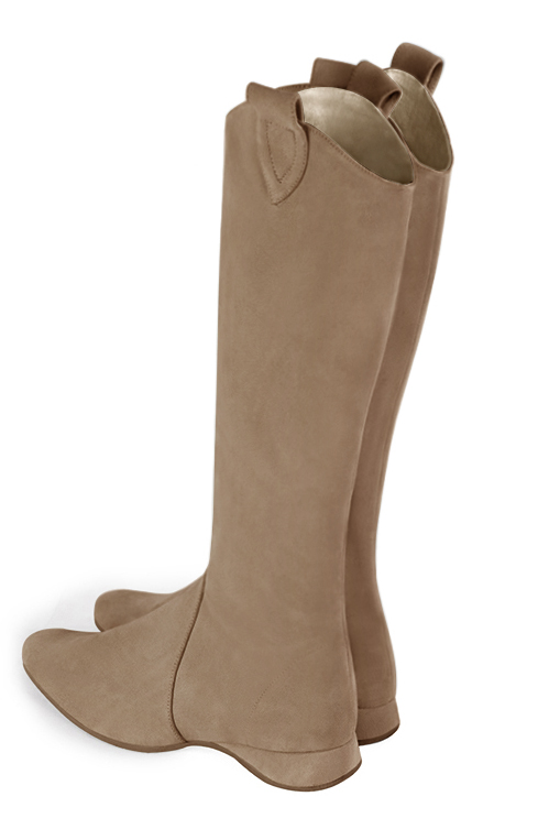 Biscuit beige women's cowboy boots. Round toe. Flat wedge heels. Made to measure. Rear view - Florence KOOIJMAN
